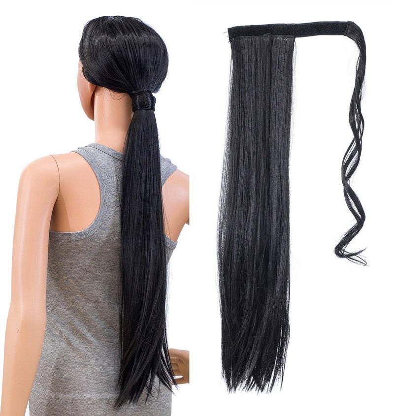 SWACC Women Long Straight/Curly Wavy Wrap Around Ponytail Extension Synthetic Hair Piece Clip in Hair extensions (Straight, 1B#-Off Black) - Image 1
